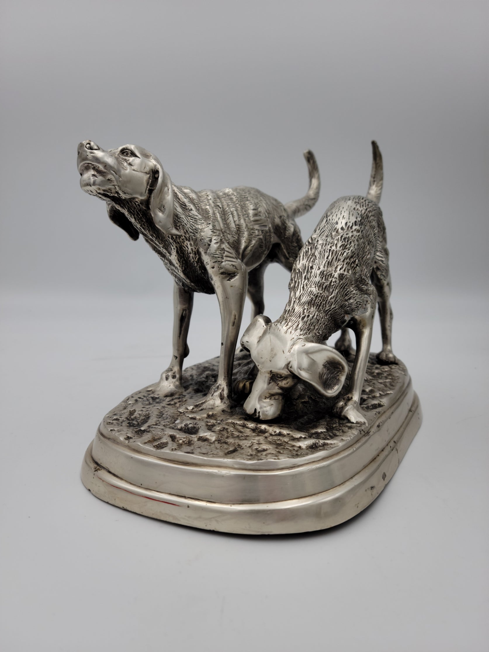 Detailed Pewter Plated Hunting Dog Statue - Two Dogs in Hunt Mode - Sportsman's Decor - Grannies Garage