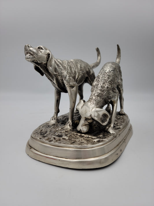 Detailed Pewter Plated Hunting Dog Statue - Two Dogs in Hunt Mode - Sportsman's Decor - Grannies Garage