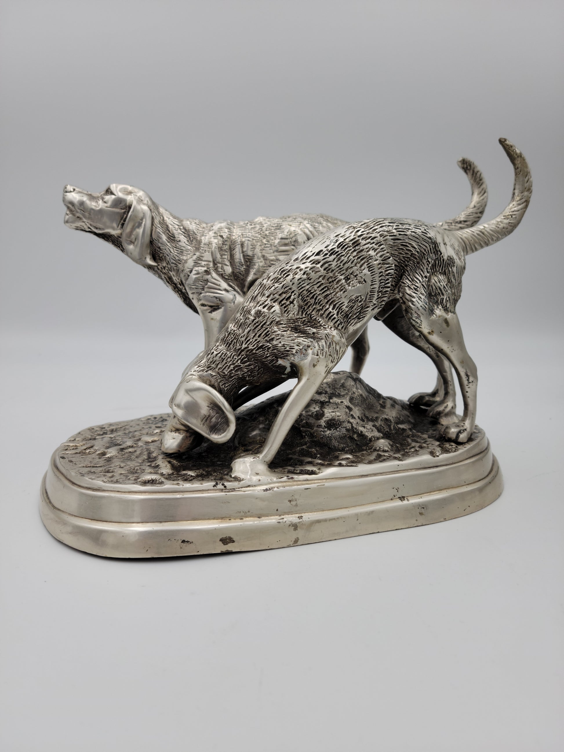Detailed Pewter Plated Hunting Dog Statue - Two Dogs in Hunt Mode - Sportsman's Decor - Grannies Garage