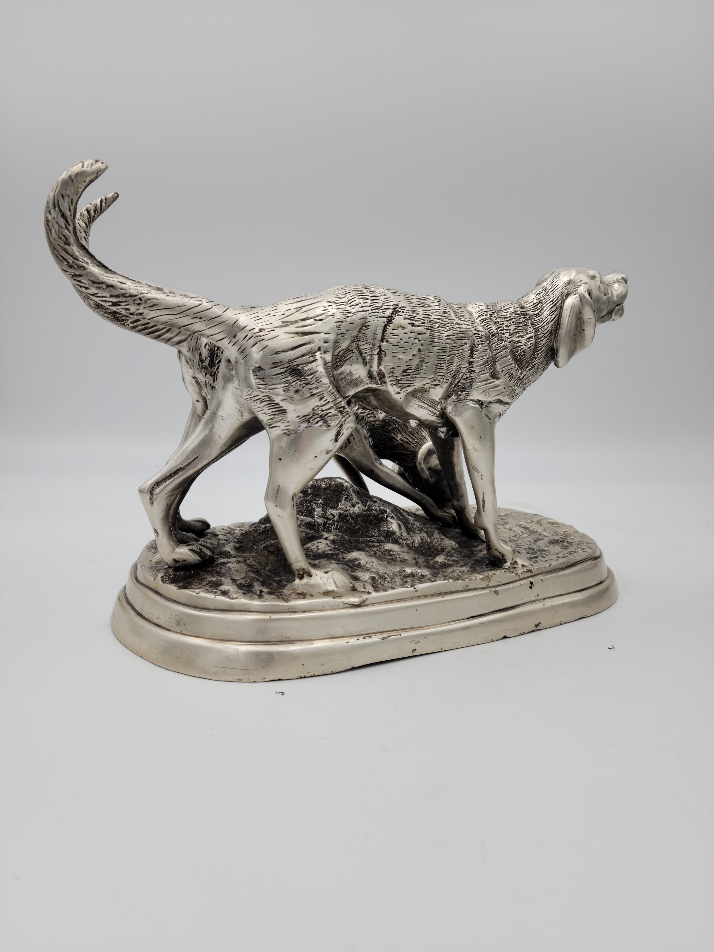 Detailed Pewter Plated Hunting Dog Statue - Two Dogs in Hunt Mode - Sportsman's Decor - Grannies Garage