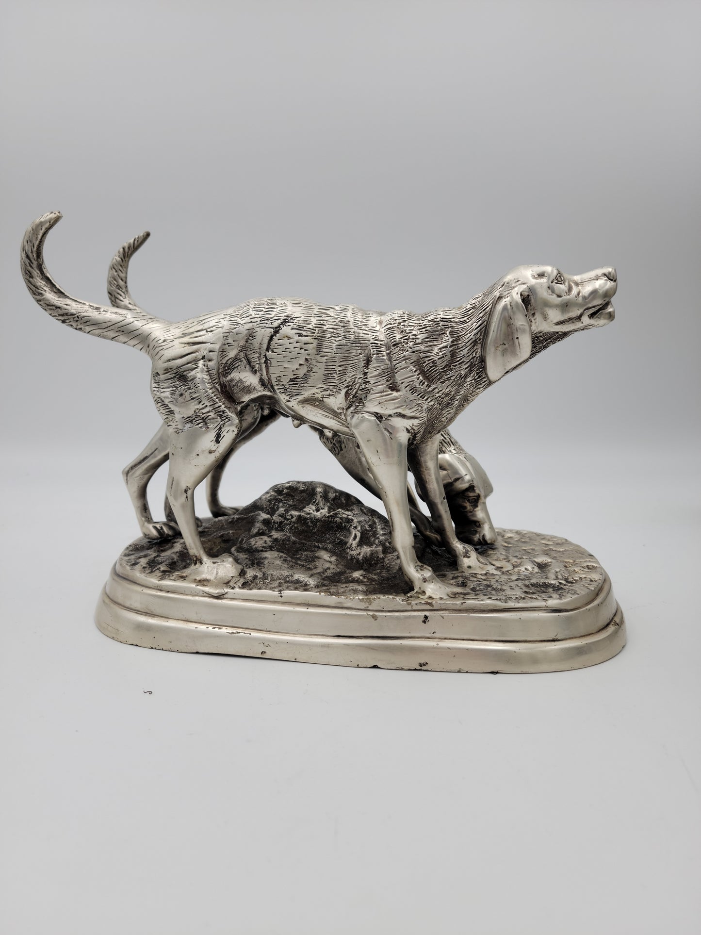 Detailed Pewter Plated Hunting Dog Statue - Two Dogs in Hunt Mode - Sportsman's Decor - Grannies Garage