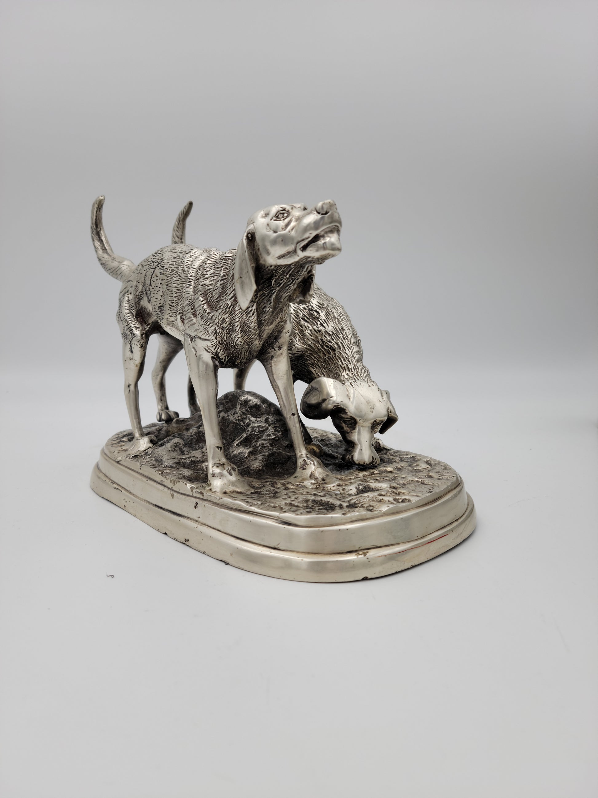 Detailed Pewter Plated Hunting Dog Statue - Two Dogs in Hunt Mode - Sportsman's Decor - Grannies Garage