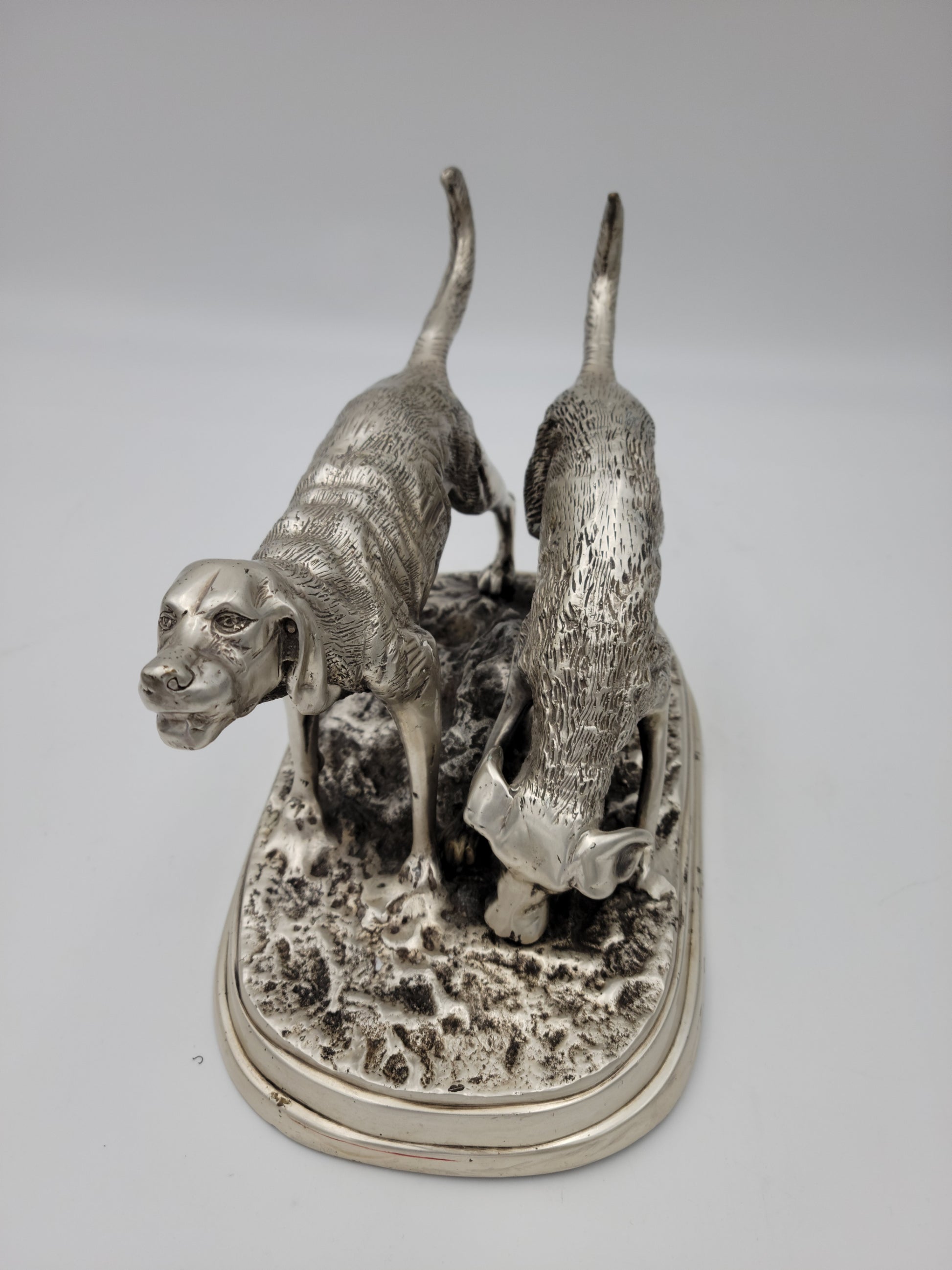 Detailed Pewter Plated Hunting Dog Statue - Two Dogs in Hunt Mode - Sportsman's Decor - Grannies Garage