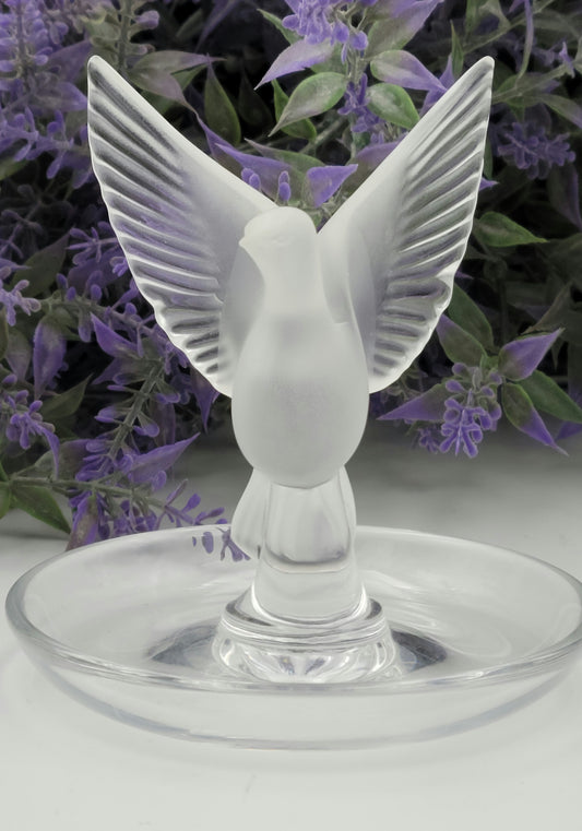 Lalique Crystal Thaile Dove Wings Spread Motif Trinket Ring Pin Nut Dish France - Grannies Garage