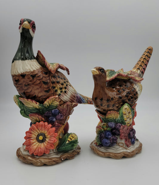 FITZ & FLOYD Autumn Bounty Pair Figural Pheasant Candlesticks Vintage 1997