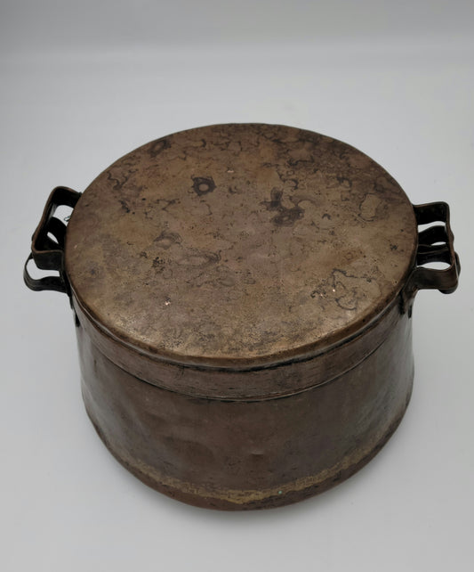 Turkish / Mediterranean Patinated Tinned Copper Two-Handle Cooking Vessel Pot and Lid. Old Decorative Metalware Container