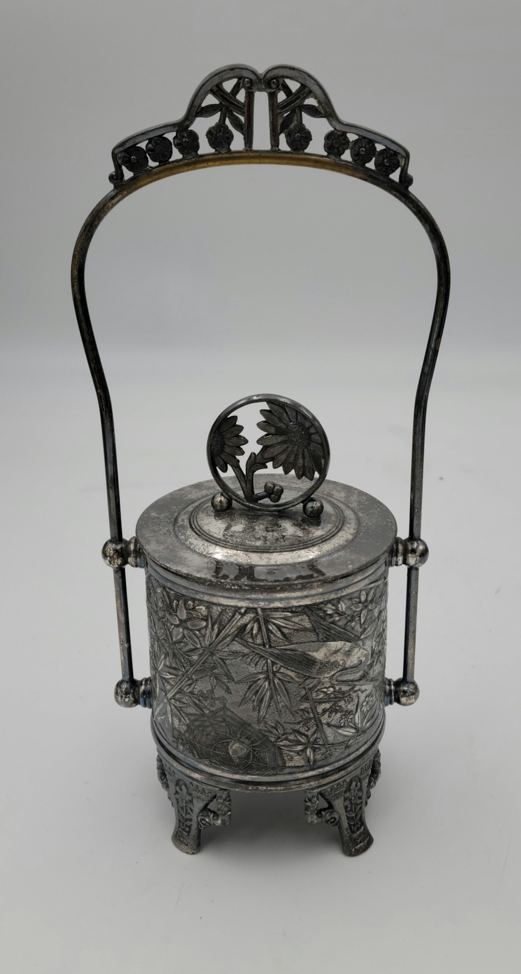 Quad. Plate Silver Sugar, Pickle, Biscuit Jar with Lid and Basket handle - Grannies Garage