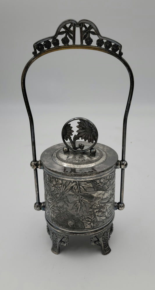 Quad. Plate Silver Sugar, Pickle, Biscuit Jar with Lid and Basket handle - Grannies Garage