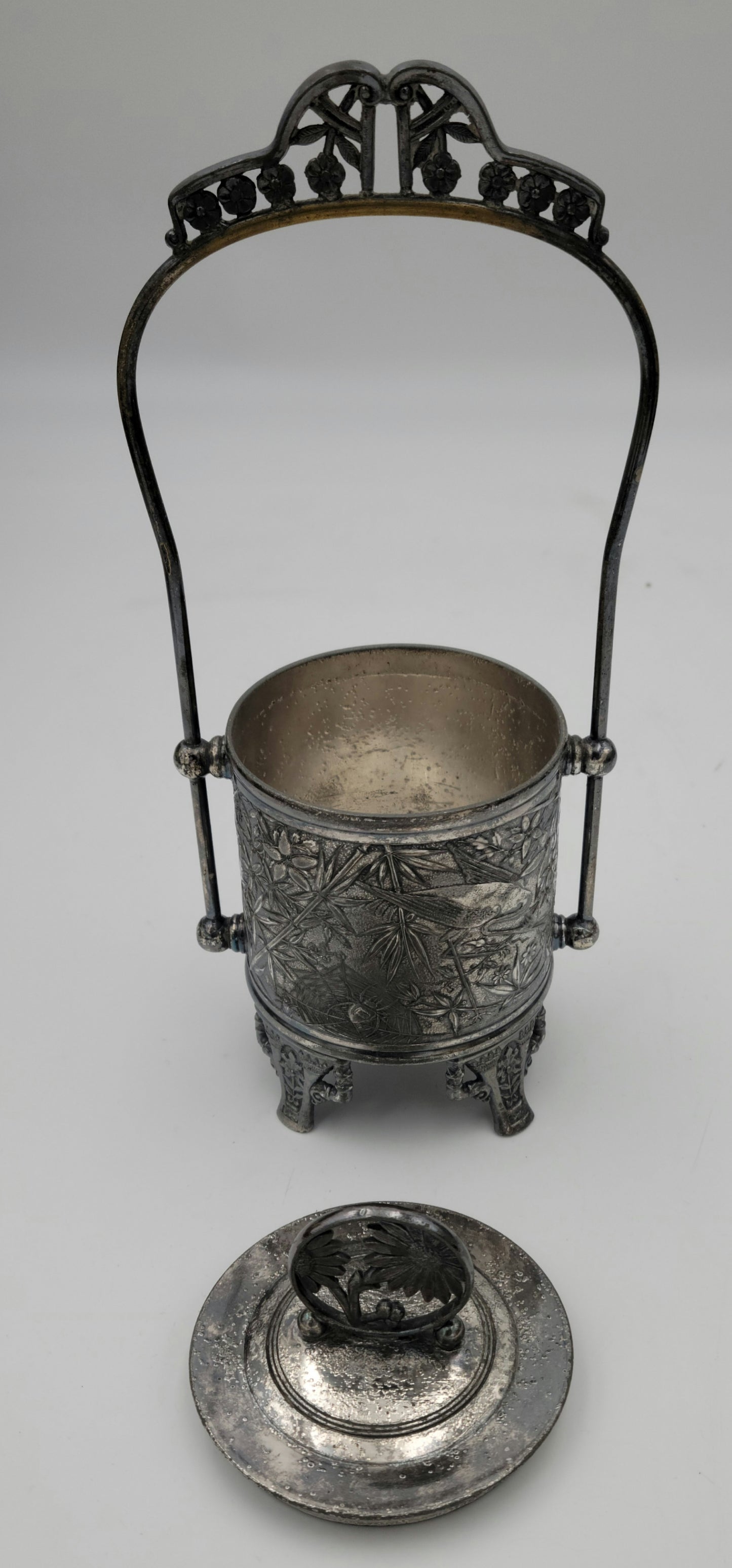 Quad. Plate Silver Sugar, Pickle, Biscuit Jar with Lid and Basket handle - Grannies Garage
