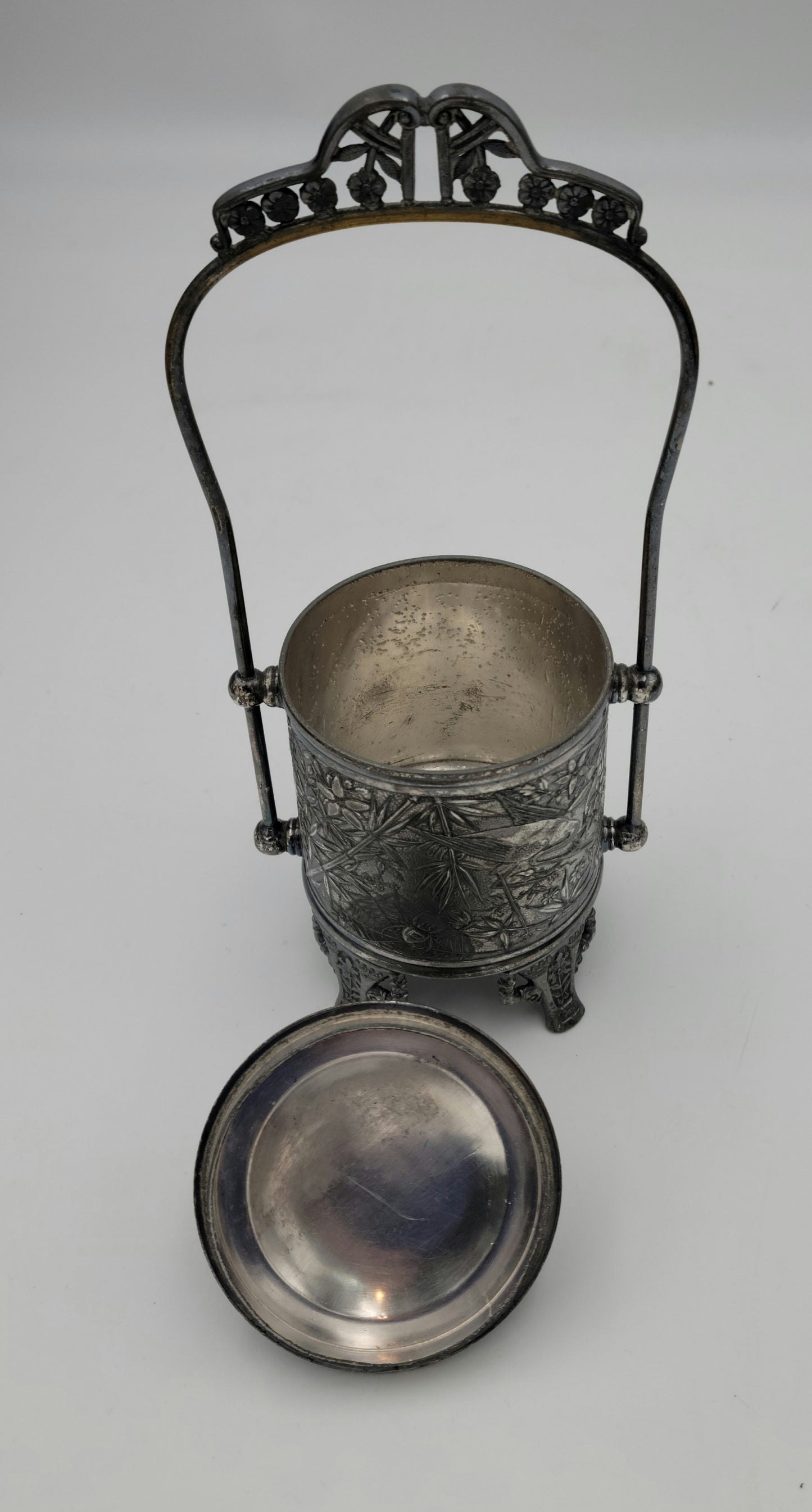 Quad. Plate Silver Sugar, Pickle, Biscuit Jar with Lid and Basket handle - Grannies Garage