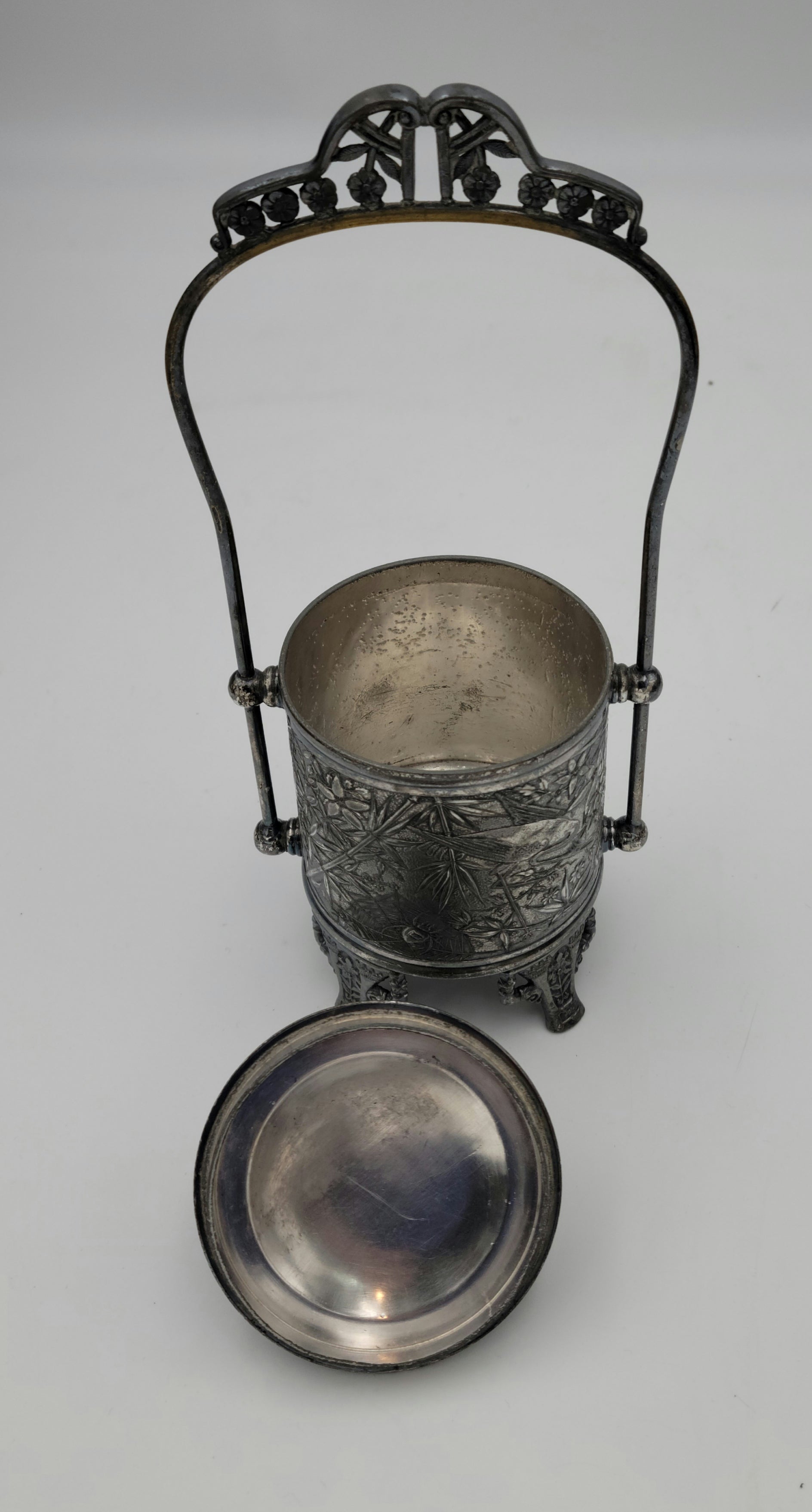 Quad. Plate Silver Sugar, Pickle, Biscuit Jar with Lid and Basket handle - Grannies Garage