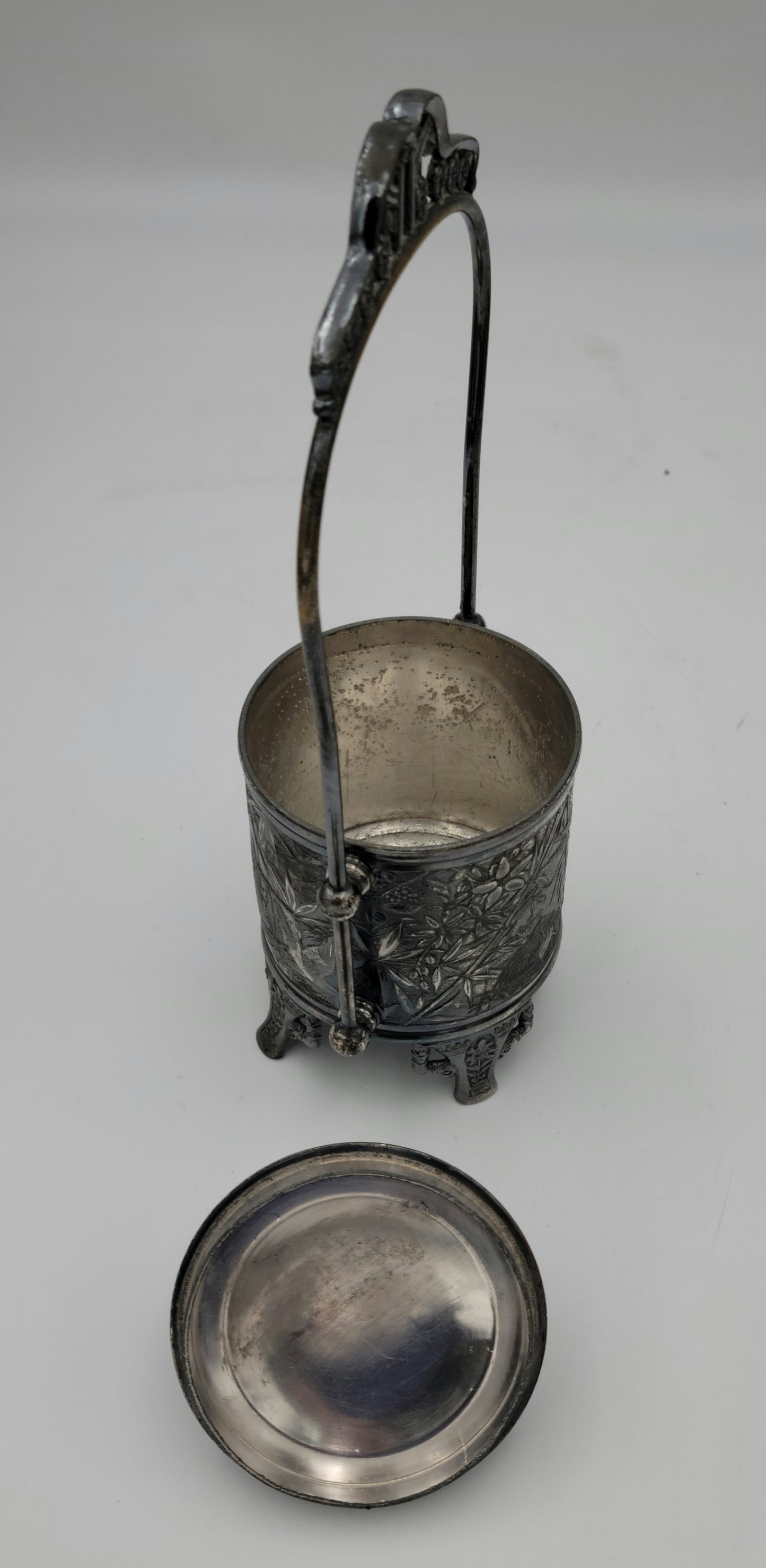 Quad. Plate Silver Sugar, Pickle, Biscuit Jar with Lid and Basket handle - Grannies Garage