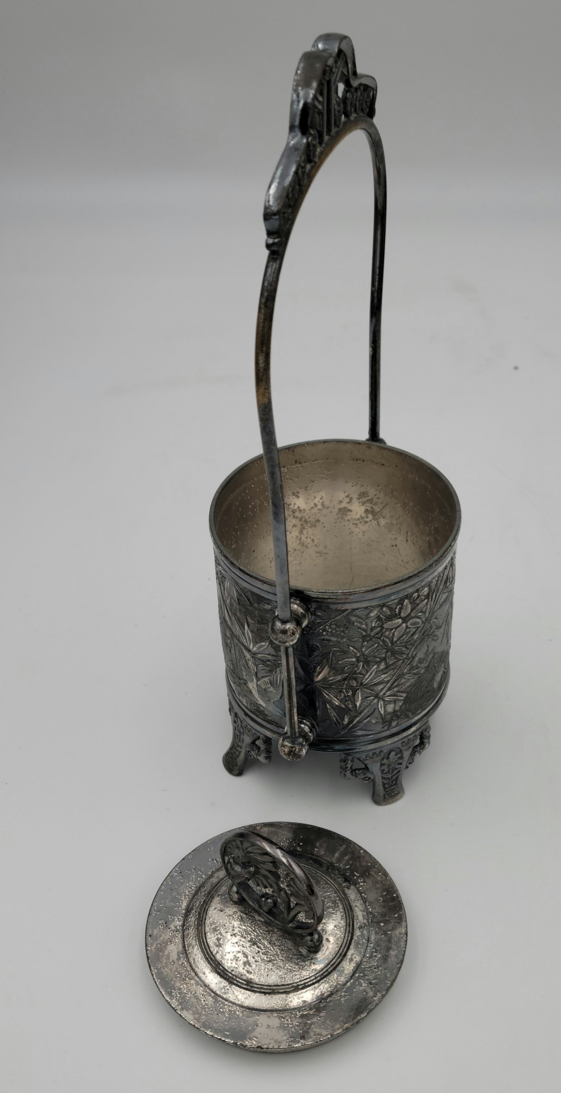 Quad. Plate Silver Sugar, Pickle, Biscuit Jar with Lid and Basket handle - Grannies Garage