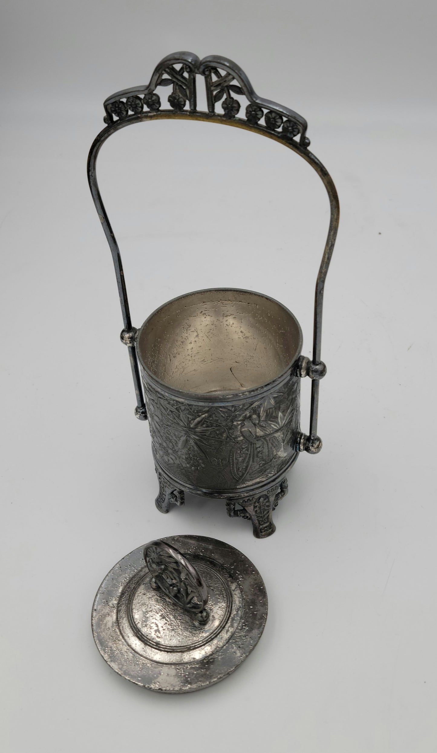 Quad. Plate Silver Sugar, Pickle, Biscuit Jar with Lid and Basket handle - Grannies Garage