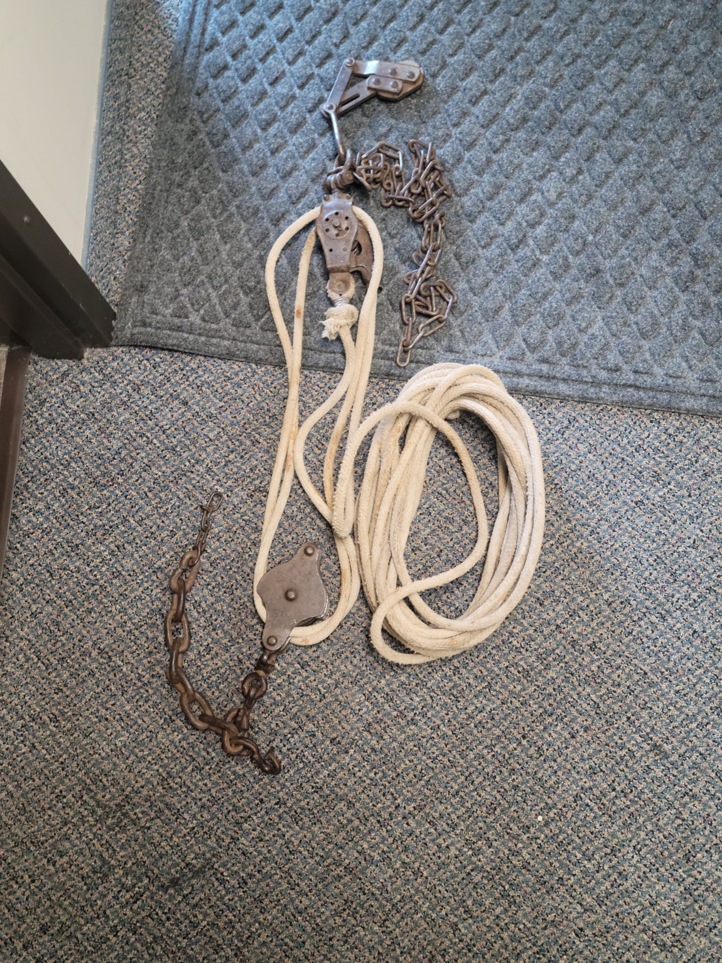 Antique Rope Block and Tackle Western Electric double pulley system with chain - Grannies Garage
