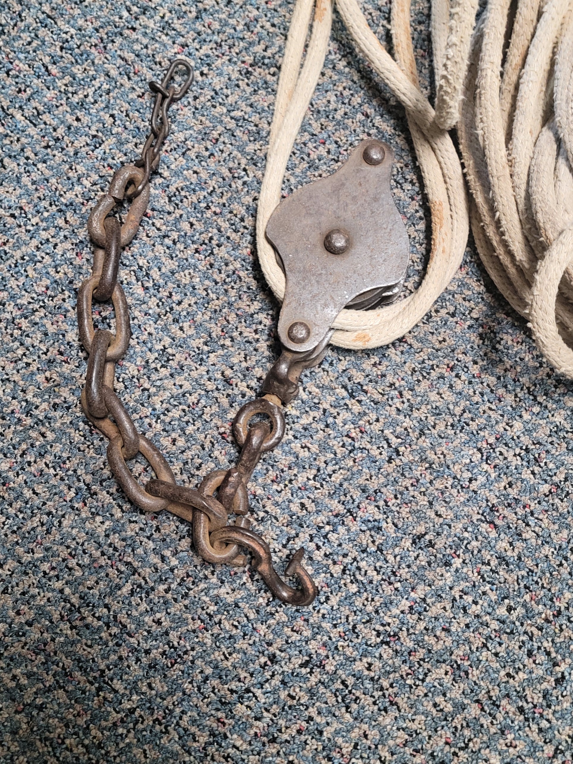 Antique Rope Block and Tackle Western Electric double pulley system with chain - Grannies Garage