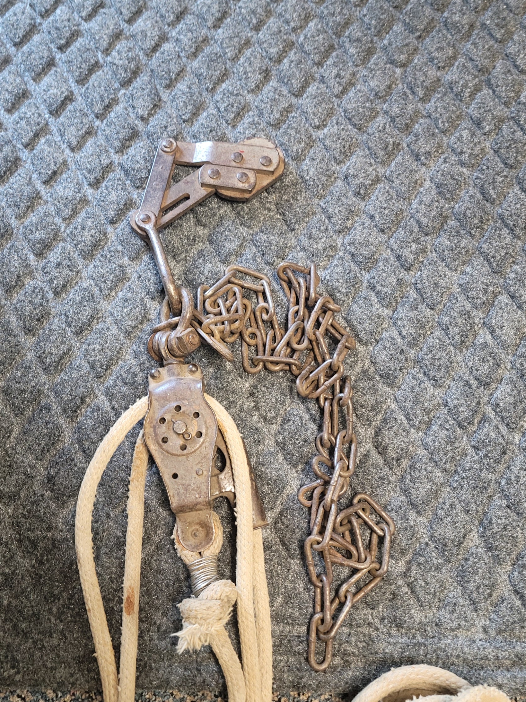 Antique Rope Block and Tackle Western Electric double pulley system with chain - Grannies Garage