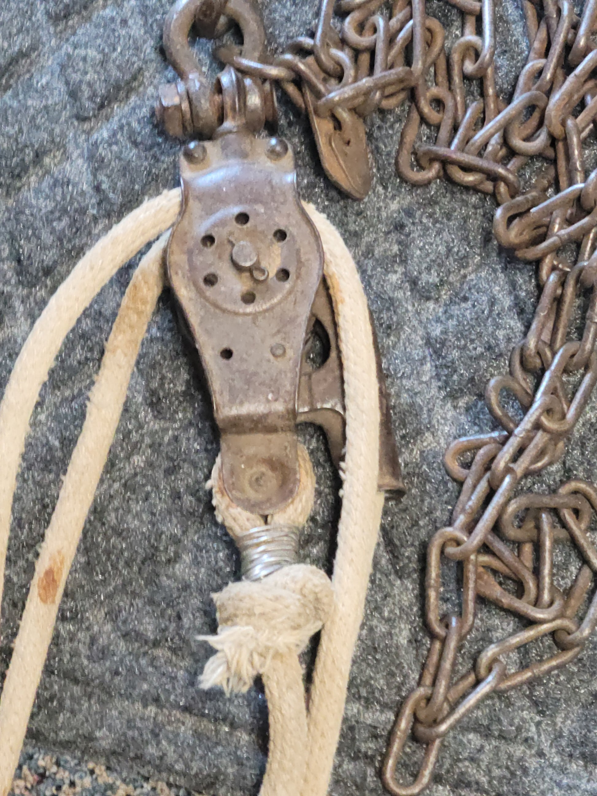 Antique Rope Block and Tackle Western Electric double pulley system with chain - Grannies Garage