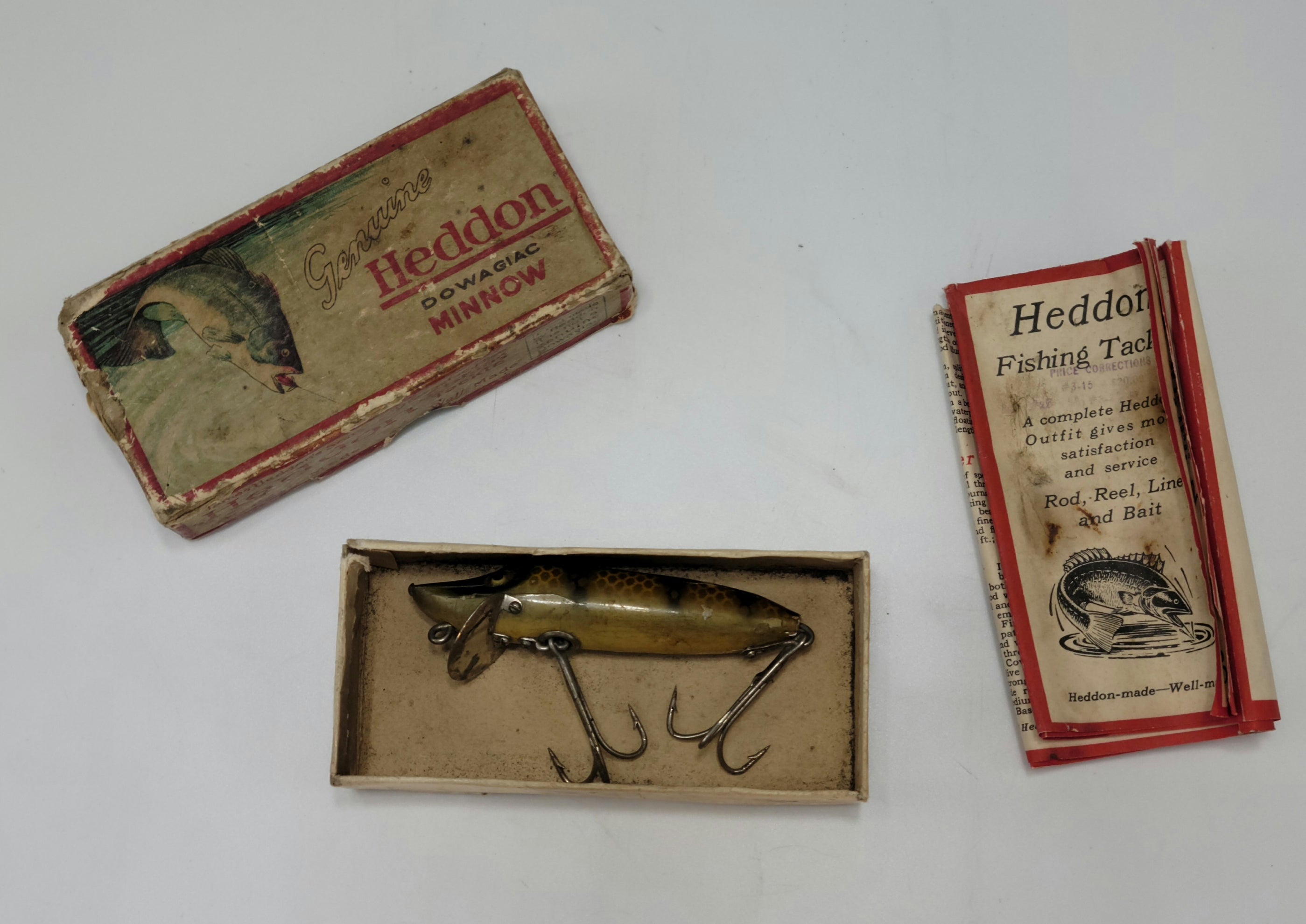 Heddon Fishing lure Dowagiac Minnow with paper and box.1920 to 1927 - Grannies Garage