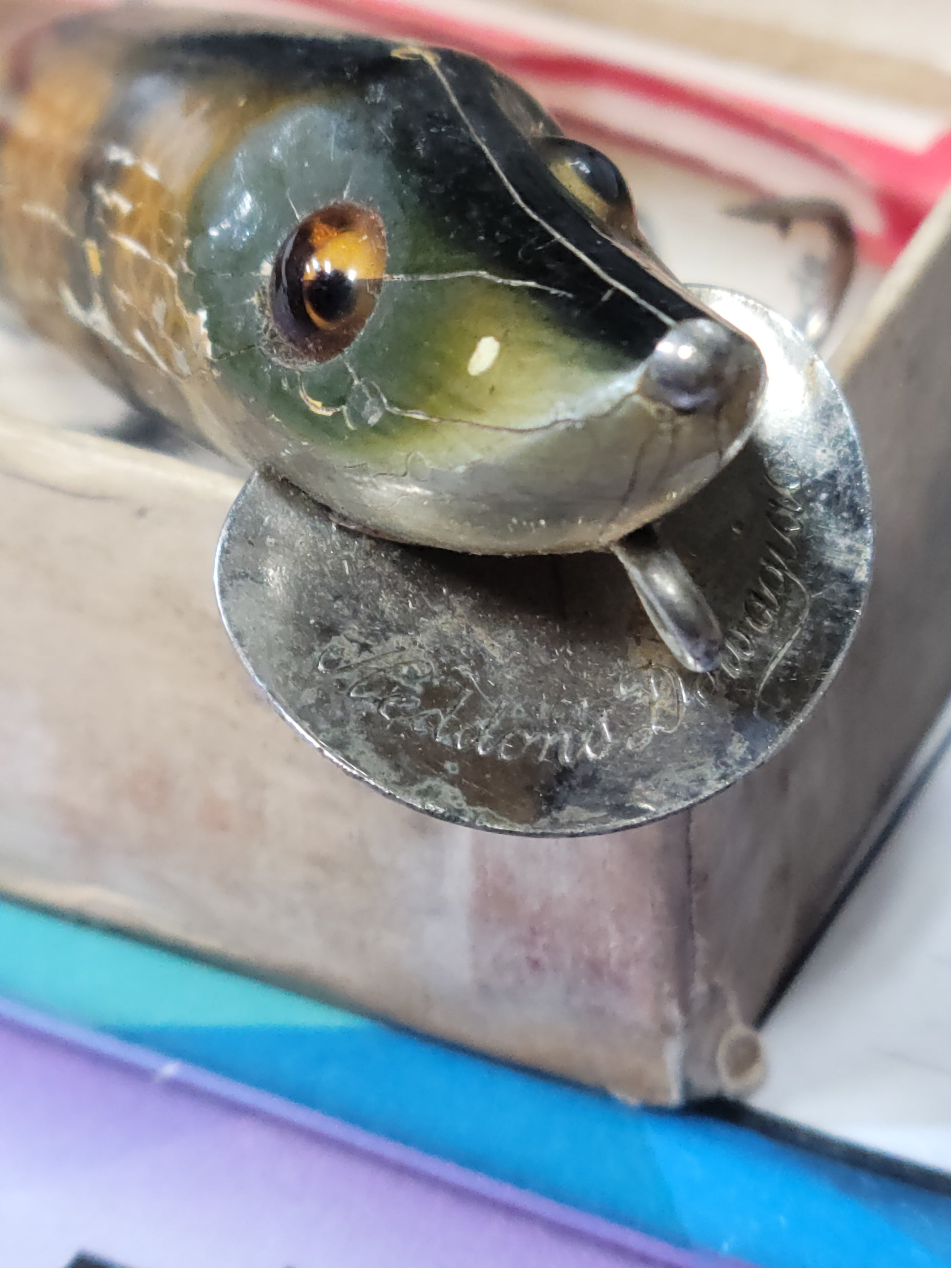Heddon Fishing lure Dowagiac Minnow with paper and box.1920 to 1927 - Grannies Garage
