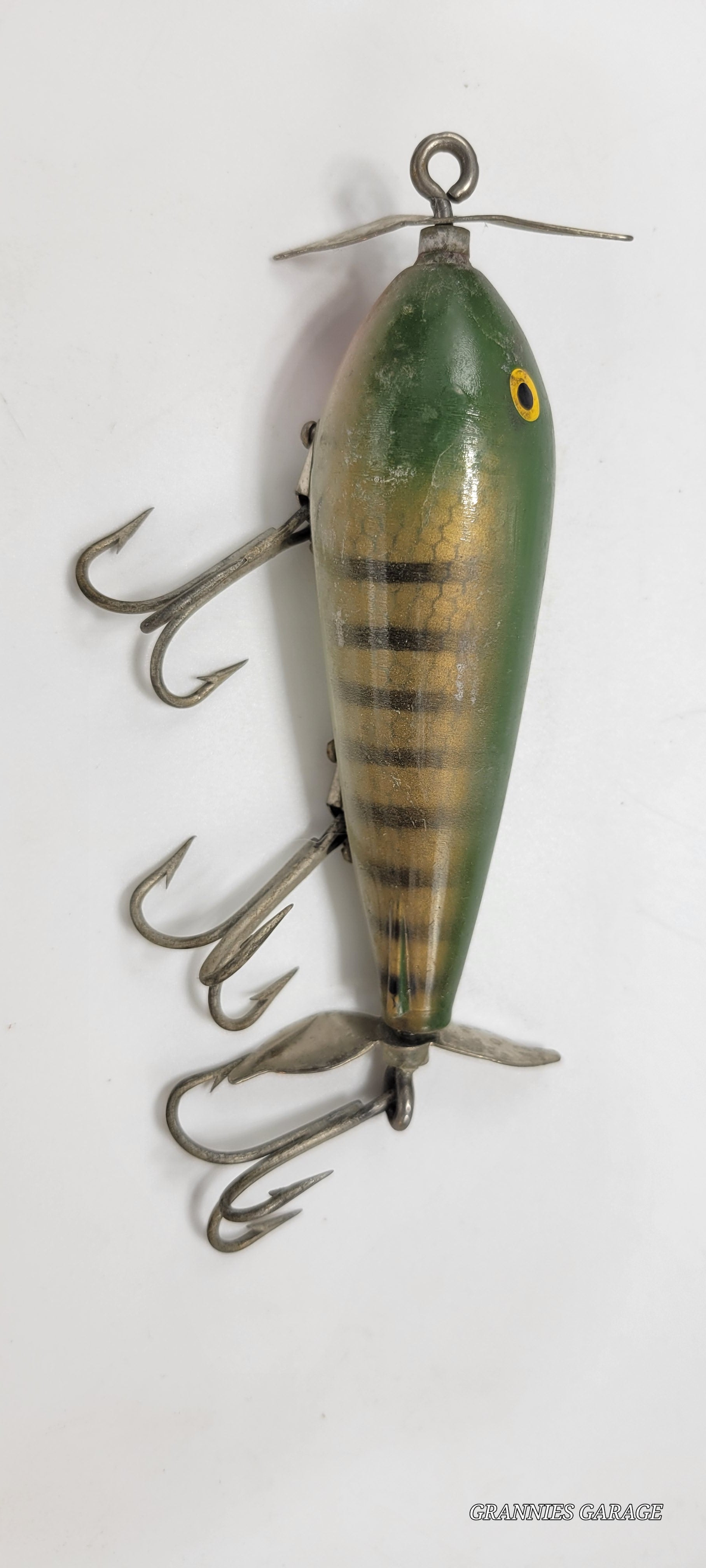 Vintage Green and Yellow. Yellow Eyes, 2 spinners "Cisco Kid Topper" 5" Lure- 3 Hooks - Grannies Garage