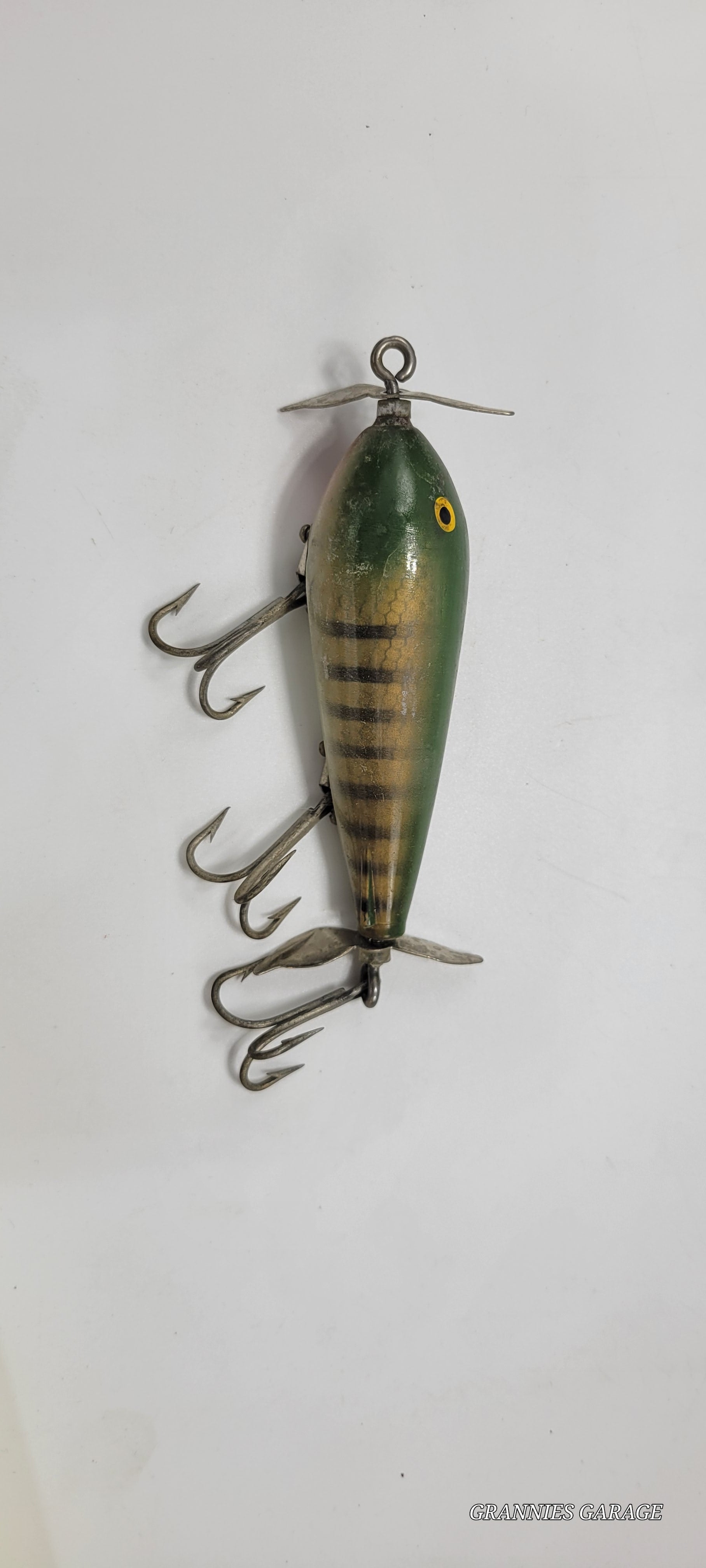 Vintage Green and Yellow. Yellow Eyes, 2 spinners "Cisco Kid Topper" 5" Lure- 3 Hooks - Grannies Garage