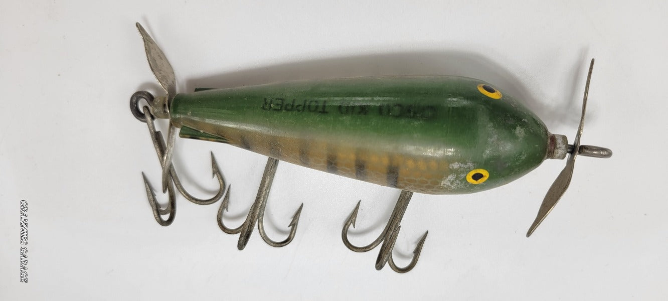 Vintage Green and Yellow. Yellow Eyes, 2 spinners "Cisco Kid Topper" 5" Lure- 3 Hooks - Grannies Garage