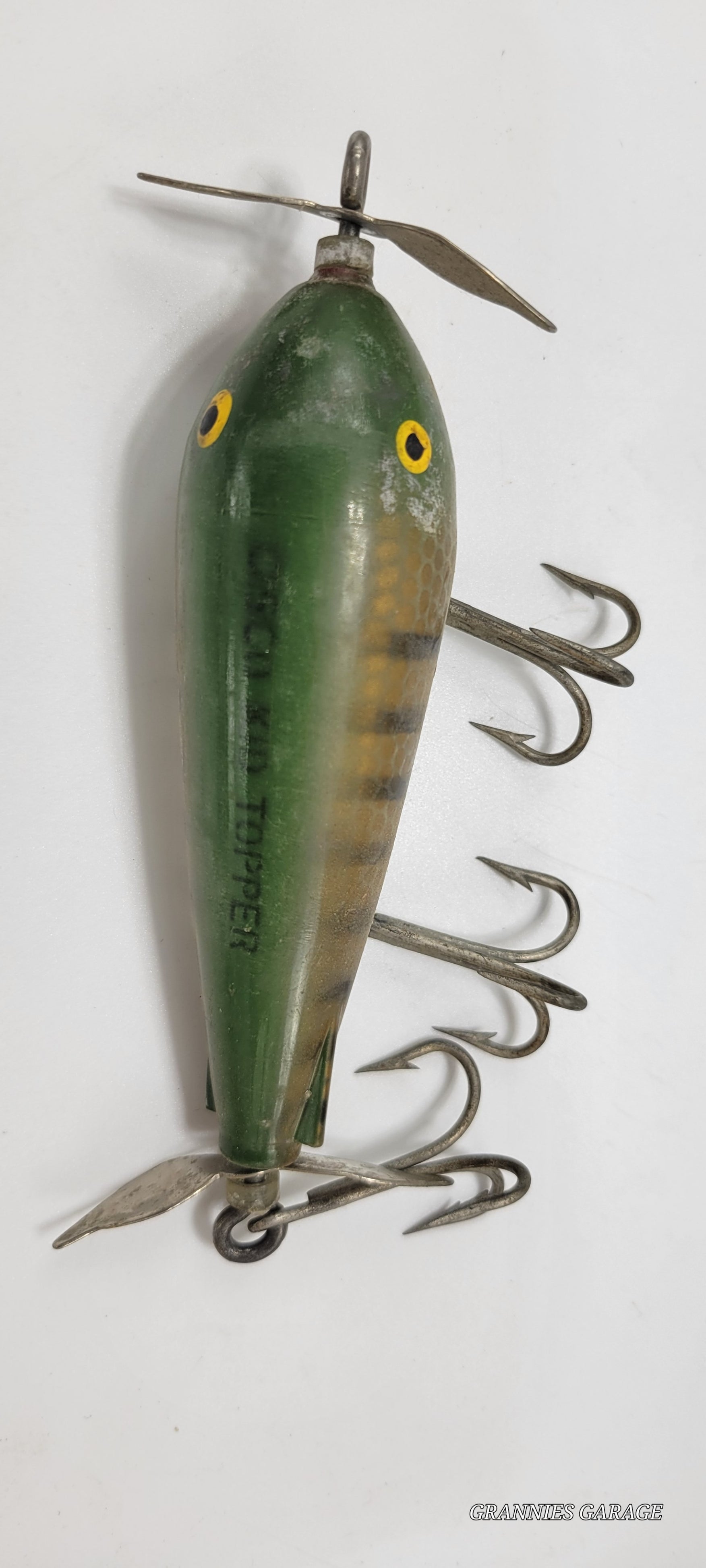 Vintage Green and Yellow. Yellow Eyes, 2 spinners "Cisco Kid Topper" 5" Lure- 3 Hooks - Grannies Garage
