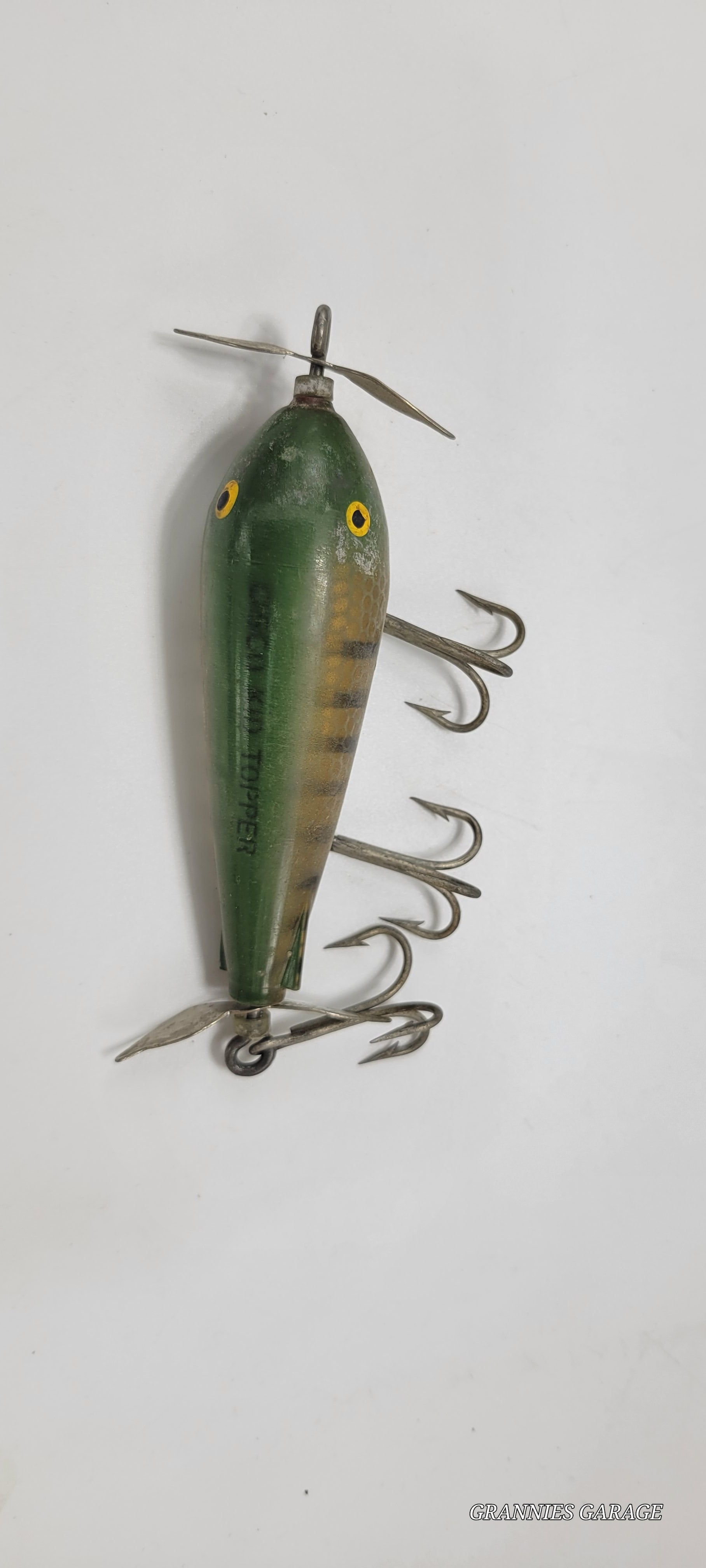 Vintage Green and Yellow. Yellow Eyes, 2 spinners "Cisco Kid Topper" 5" Lure- 3 Hooks - Grannies Garage