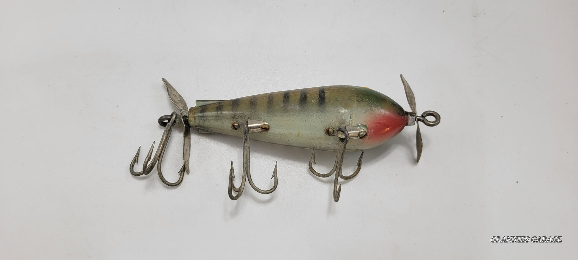 Vintage Green and Yellow. Yellow Eyes, 2 spinners "Cisco Kid Topper" 5" Lure- 3 Hooks - Grannies Garage