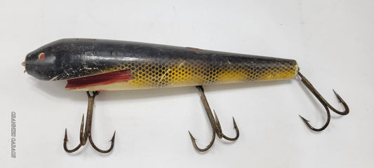 Vintage Wood Black, Yellow and Red 3 Hook 8" fishing Lure - Grannies Garage
