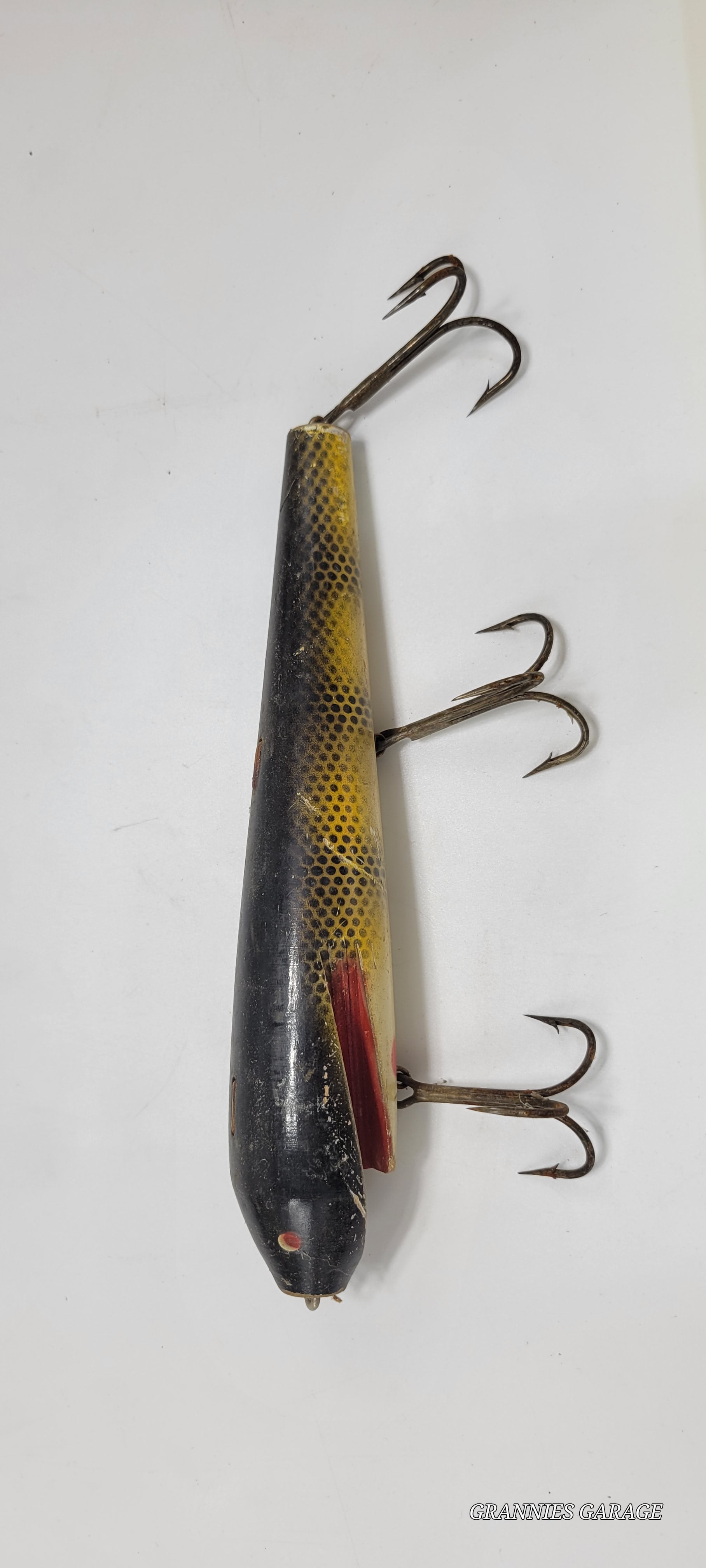 Vintage Wood Black, Yellow and Red 3 Hook 8" fishing Lure - Grannies Garage