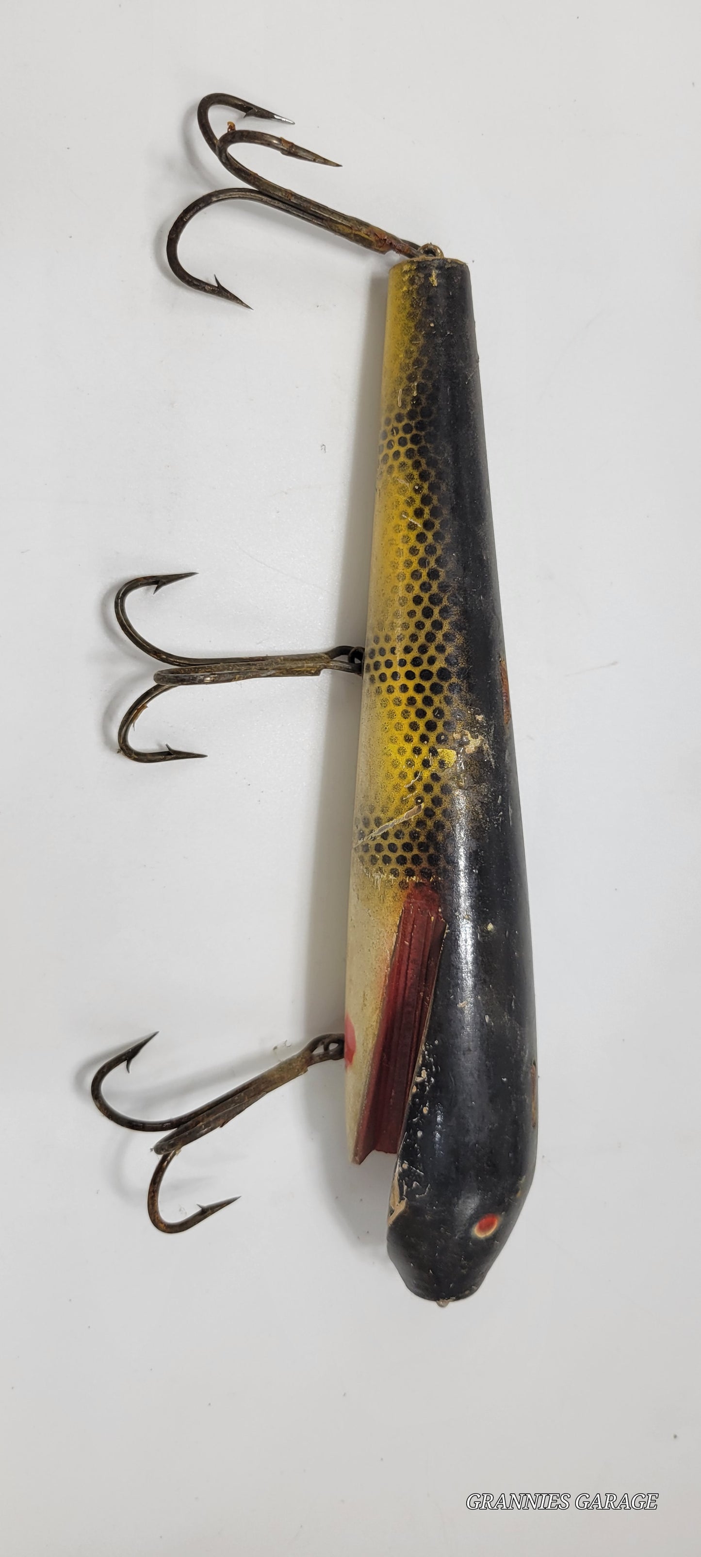 Vintage Wood Black, Yellow and Red 3 Hook 8" fishing Lure - Grannies Garage