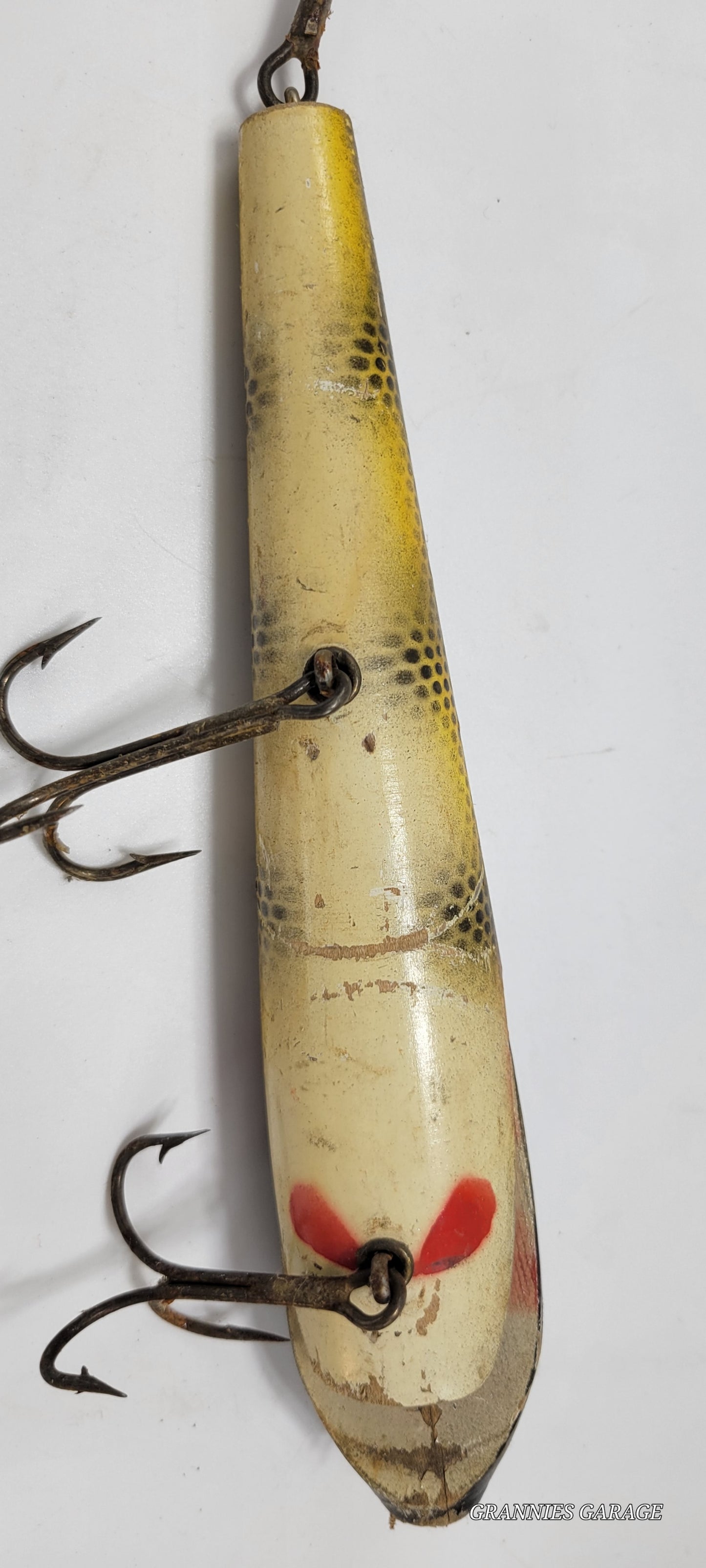 Vintage Wood Black, Yellow and Red 3 Hook 8" fishing Lure - Grannies Garage
