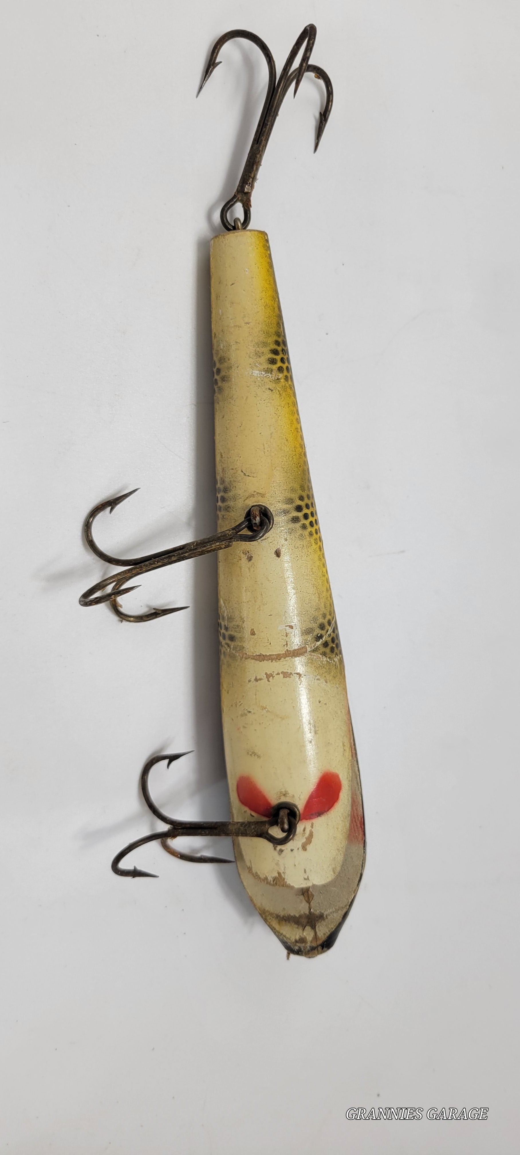 Vintage Wood Black, Yellow and Red 3 Hook 8" fishing Lure - Grannies Garage