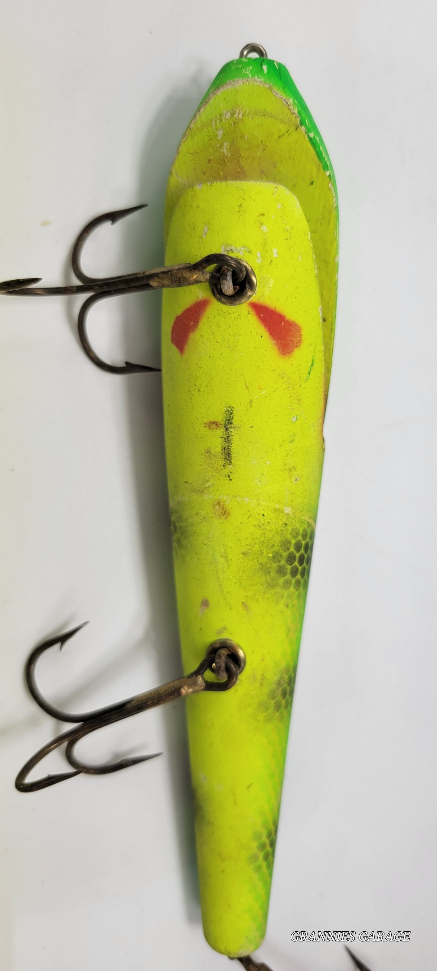 GREEN, YELLOW, BLACK AND RED WITH 3 HOOKS, 9" WOOD FISHING LURE - Grannies Garage