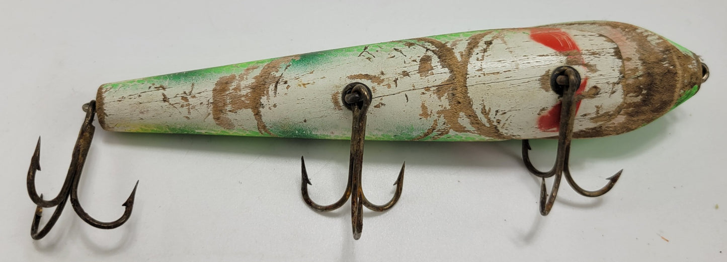 LARGE WOODEN 3 HOOK FISHING LURE - GREEN, YELLOW, WHITE AND RED - BLACK EYES - Grannies Garage