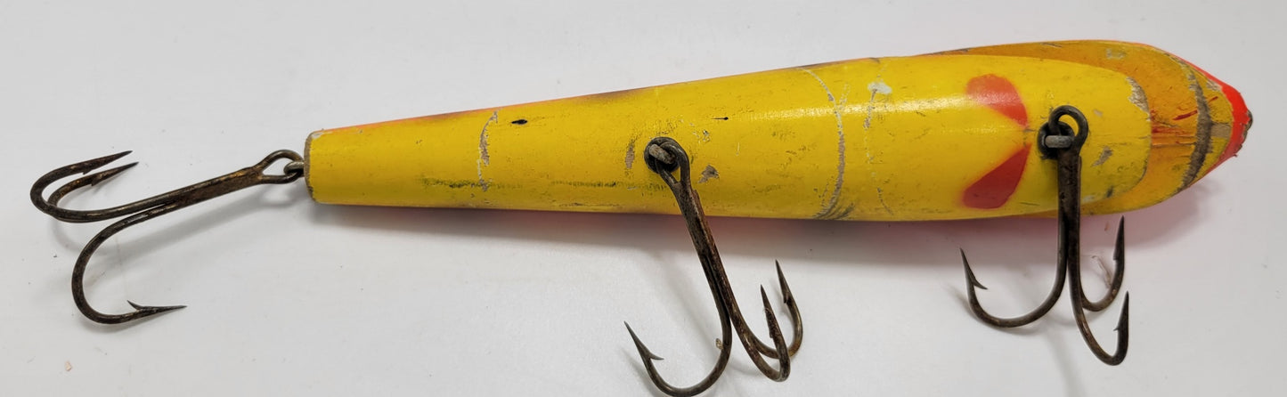 LARGE 8" WOODEN YELLOW AND RED AND OFF WHITE FISHING LURE WITH RED EYES AND 3 HOOKS - Grannies Garage