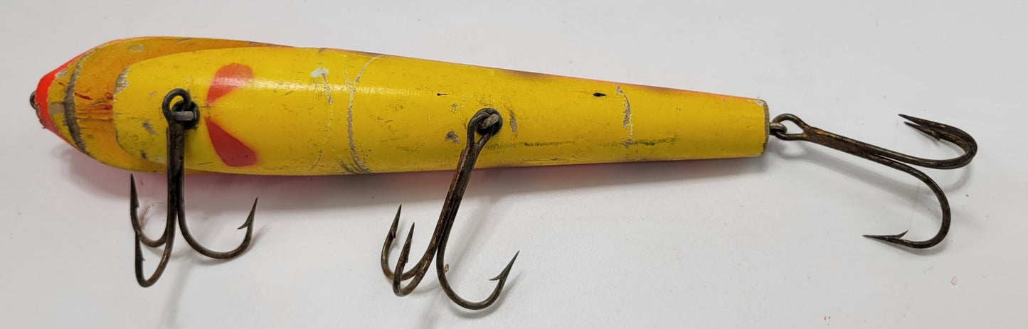 LARGE 10" WOODEN ORANGE AND YELLOW FISHING LURE WITH BLACK EYES AND 3 HOOKS - Grannies Garage