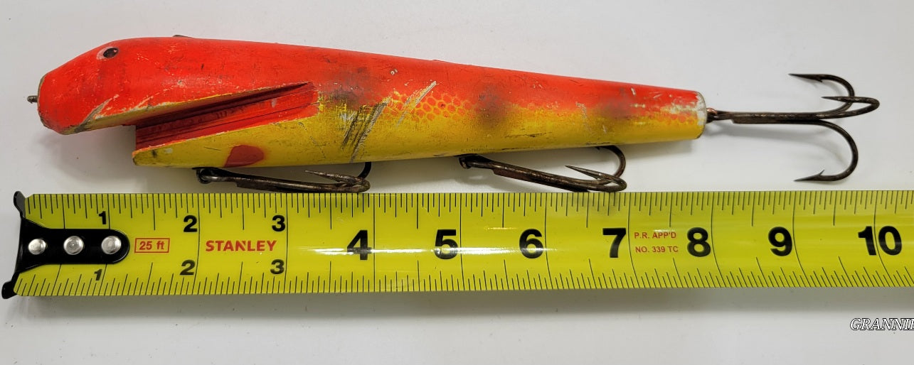 LARGE 10" WOODEN ORANGE AND YELLOW FISHING LURE WITH BLACK EYES AND 3 HOOKS - Grannies Garage