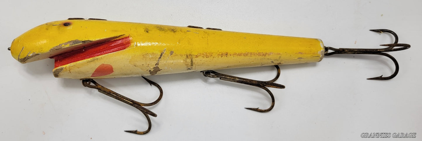LARGE 10" YELLOW AND ORANGE 3 HOOK WOODEN FISHING LURE - Grannies Garage