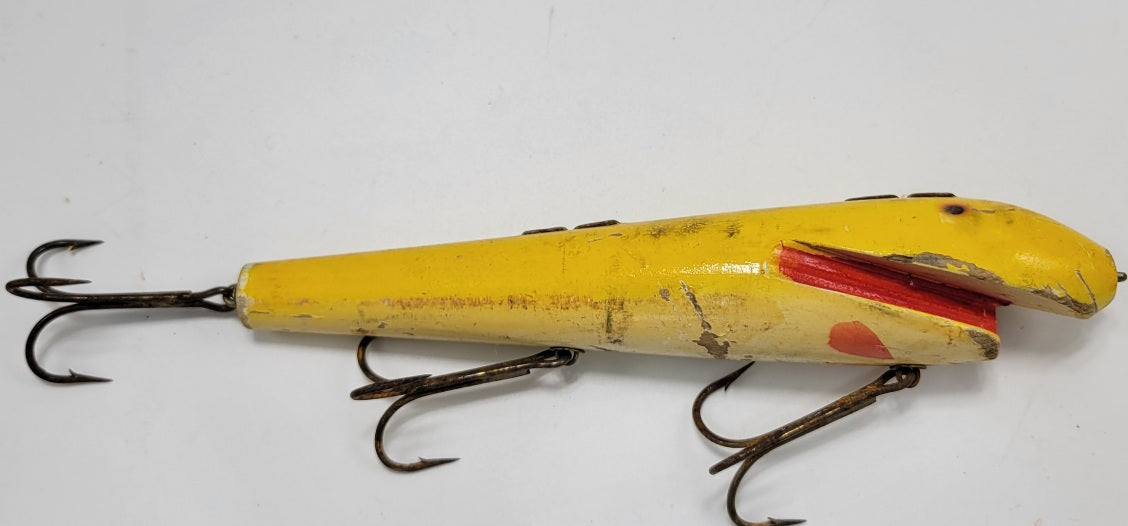LARGE 10" YELLOW AND ORANGE 3 HOOK WOODEN FISHING LURE - Grannies Garage