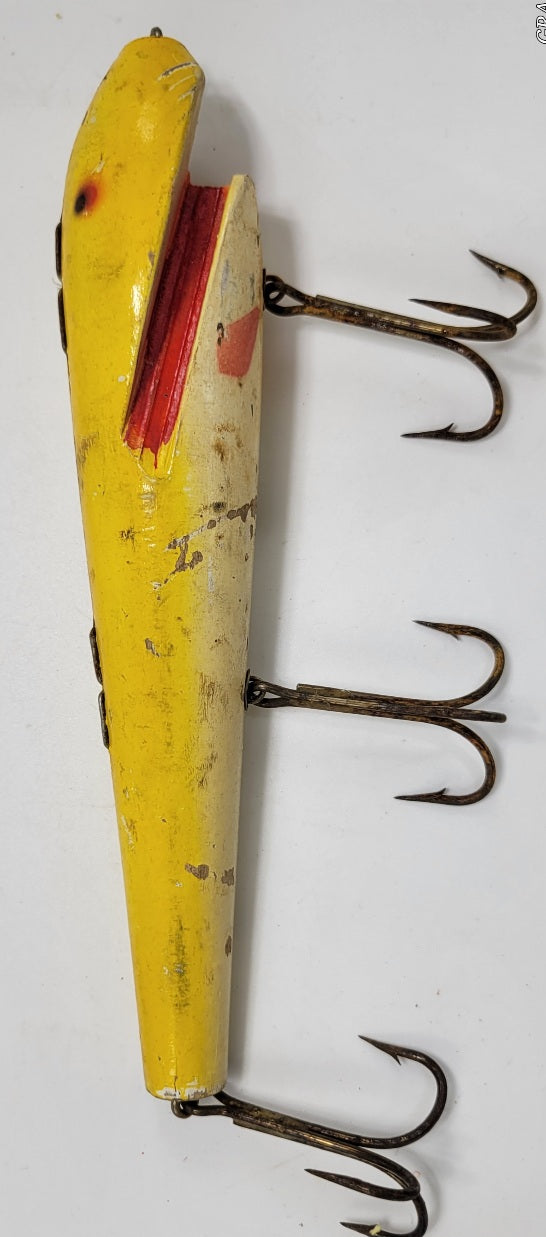 LARGE 10" YELLOW AND ORANGE 3 HOOK WOODEN FISHING LURE - Grannies Garage
