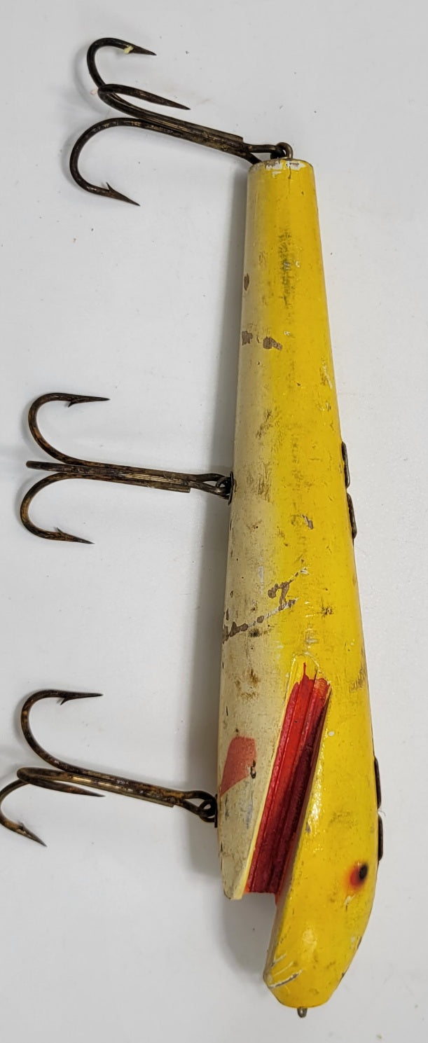 LARGE 10" YELLOW AND ORANGE 3 HOOK WOODEN FISHING LURE - Grannies Garage