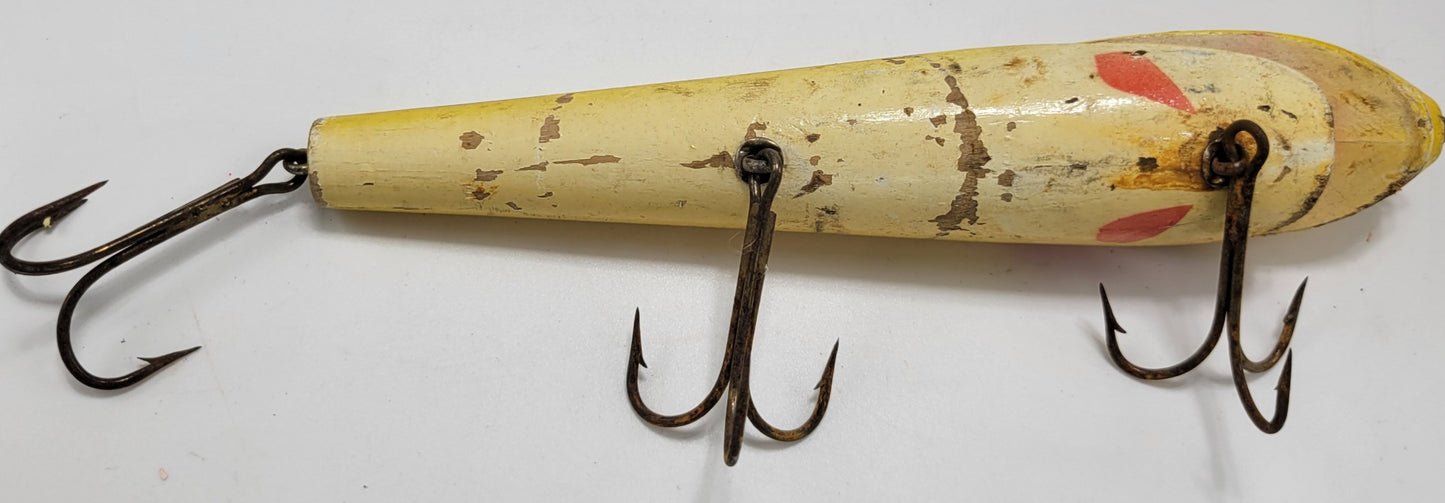 LARGE 10" YELLOW AND ORANGE 3 HOOK WOODEN FISHING LURE - Grannies Garage