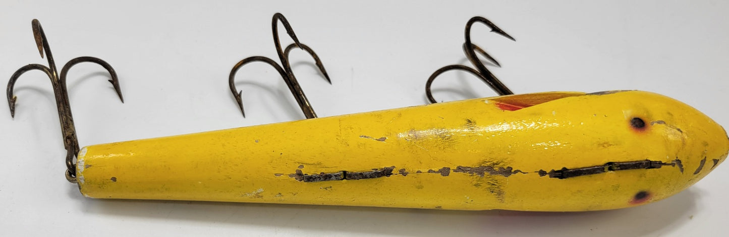 LARGE 10" YELLOW AND ORANGE 3 HOOK WOODEN FISHING LURE - Grannies Garage
