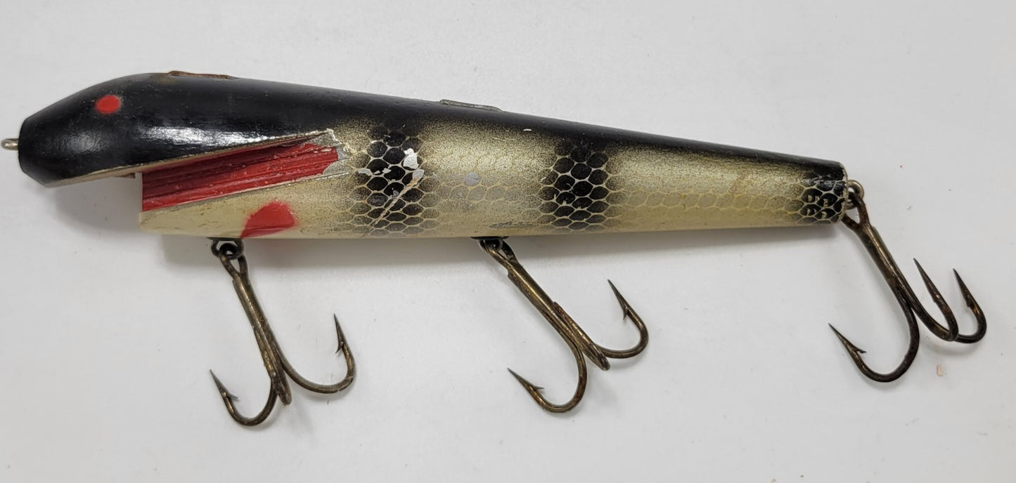 BLACK, RED, IVORY WOODEN 8" FISHING LURE WITH RED EYES AND 3 HOOKS - Grannies Garage
