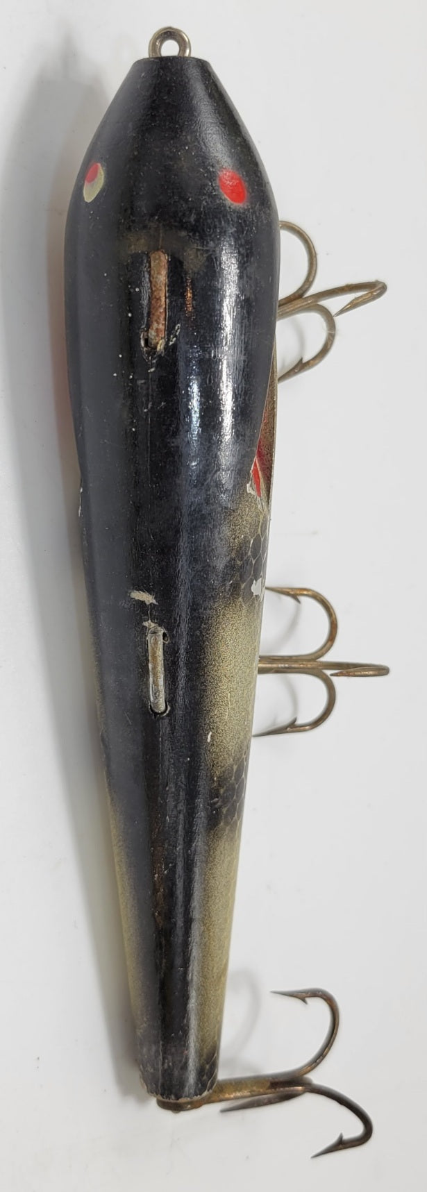 BLACK, RED, IVORY WOODEN 8" FISHING LURE WITH RED EYES AND 3 HOOKS - Grannies Garage