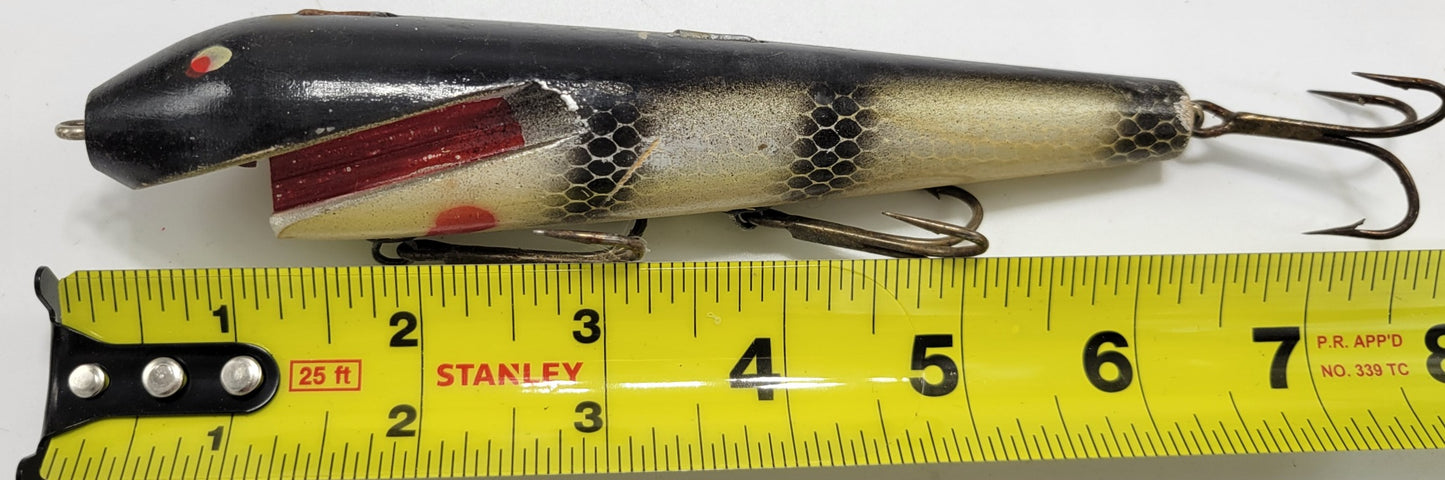 BLACK, RED, IVORY WOODEN 8" FISHING LURE WITH RED EYES AND 3 HOOKS - Grannies Garage