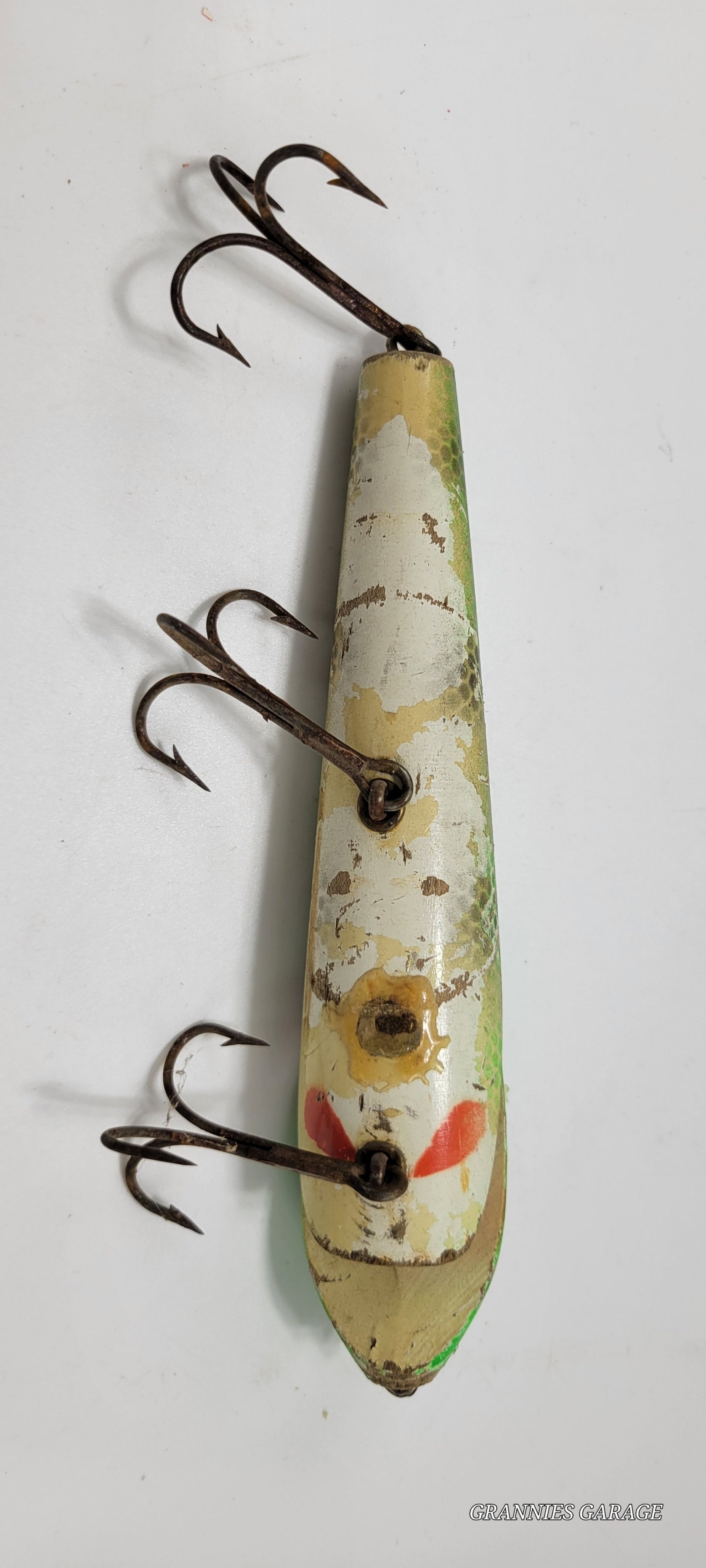 LARGE 8" GREEN, RED, GOLD AND OFF WHITE FISHING LURE WITH BLACK AND WHITE EYES AND RED MOUTH - Grannies Garage